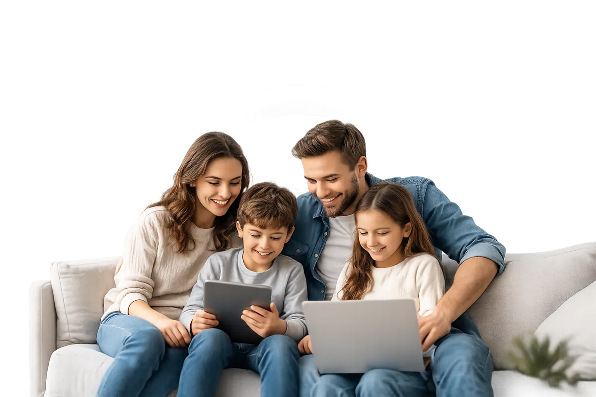 Família usando internet fibra óptica em casa